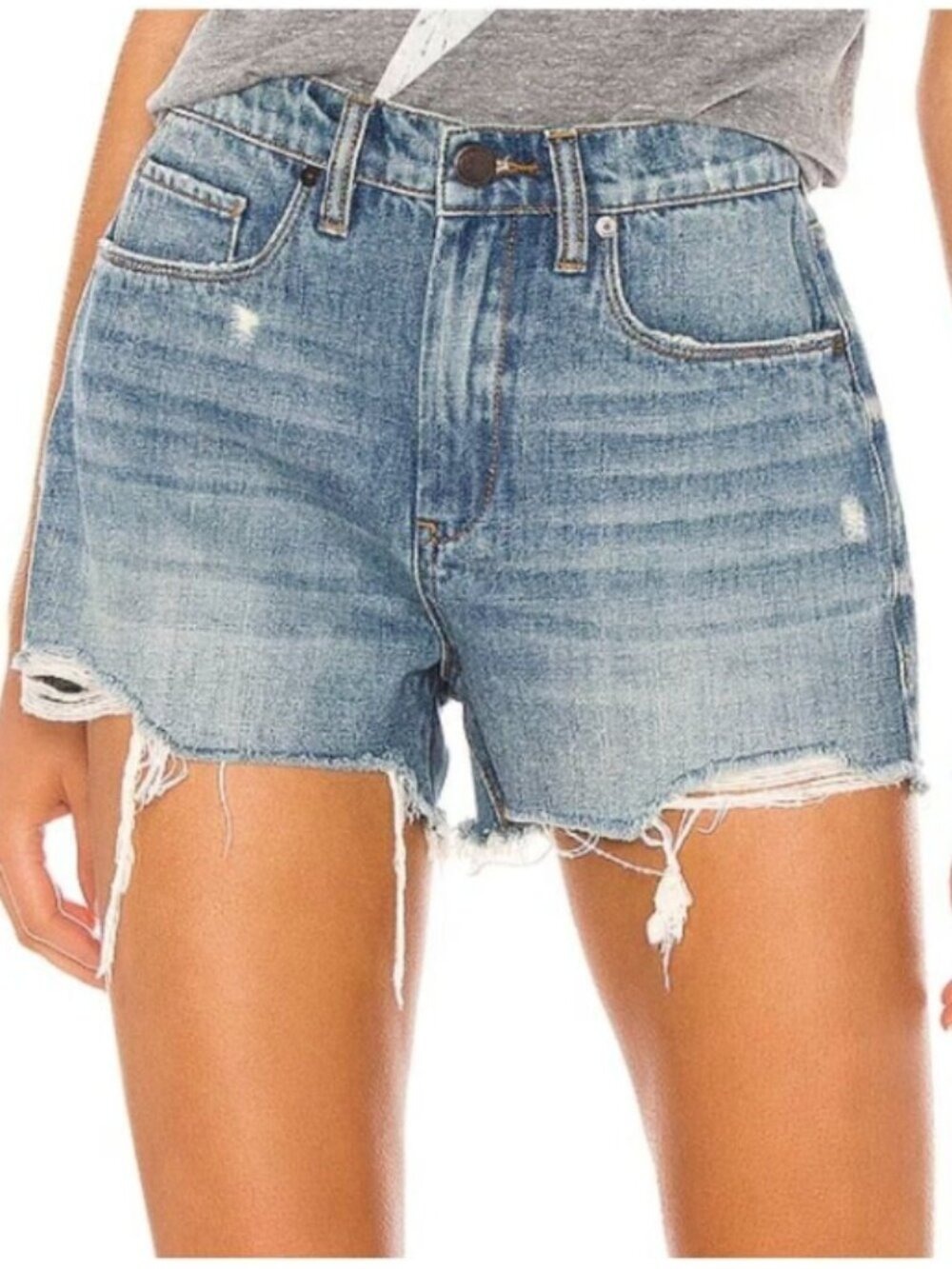 High-Rise Distressed Denim Shorts - Light Blue